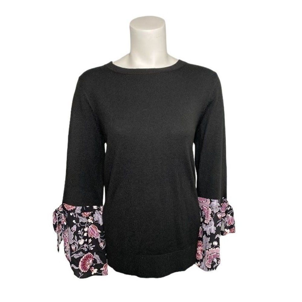 LOFT Black Dahlia Garden Tie Cuff Crew Neck Sweater Sz Medium
